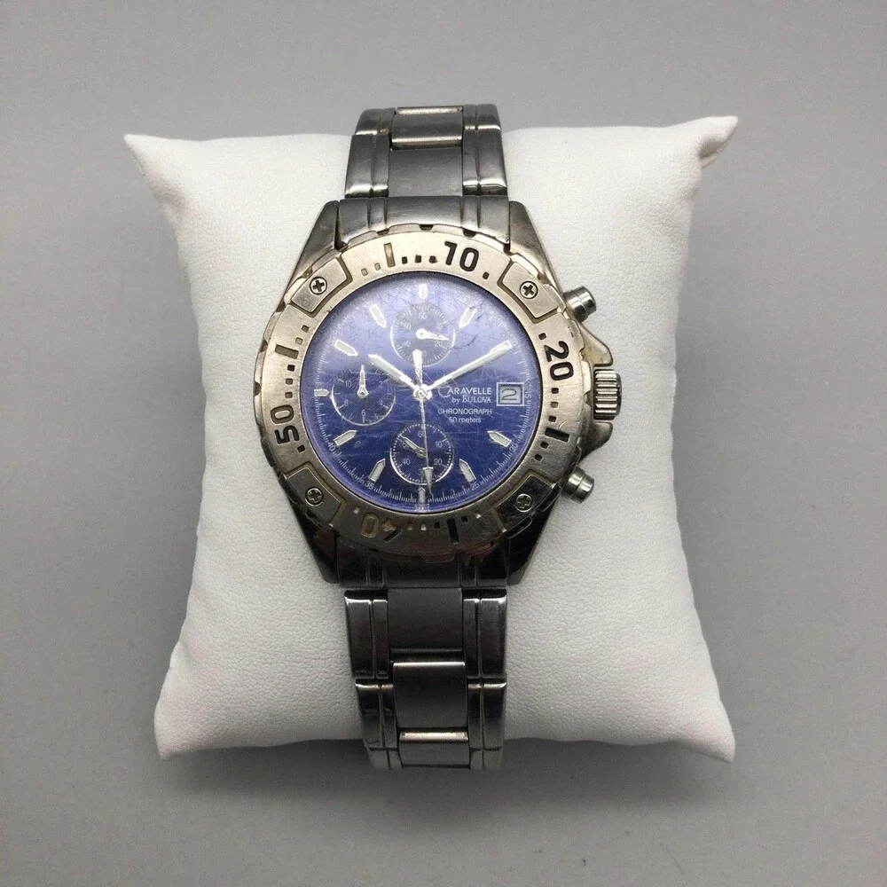 Caravelle By Bulova Mens Watch 39mm Blue Dial Chronograph New Battery 8.25